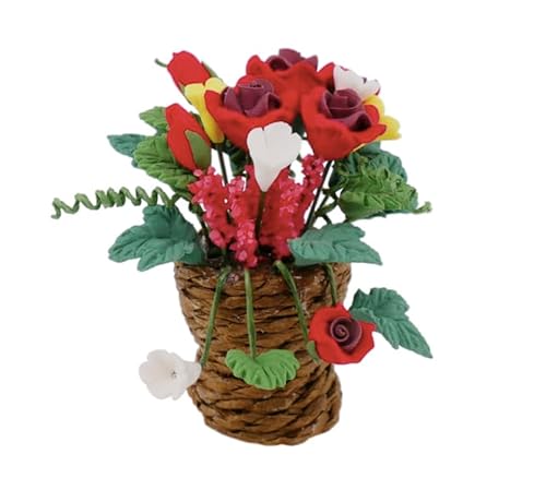 Miniatur-Rosen-Blumenarrangement im gewebten Topf, Puppenhaus-Dekor, 3,8 cm hoch von Air-Ads Supplies