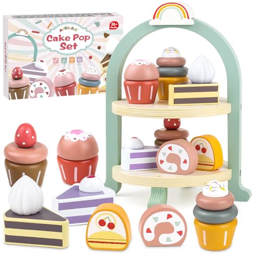 Airlab Kinderküche Dessert Holz, Teeservice Zubehör für Spielküche, Tee Set Holz Spielzeug mit Ständer, Teeparty Rollenspiel Geschenk für Kinder Mädchen Jungen von Airlab