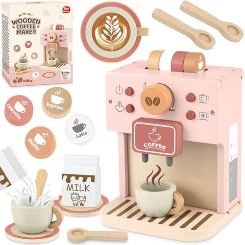 Airlab Kinderküche Kaffeemaschine Kinder Holz, Spielküche Zubehör Kaffeeservice Spielset, Küchengeräte Kaffeeset Kinder Spielzeug, Pädagogisches Holzspielzeug Rollenspiel Geschenk für Kleinkind, Rosa von Airlab