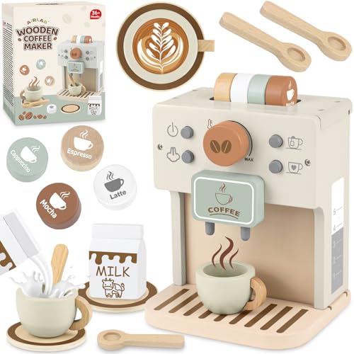 Airlab Kinderküche Kaffeemaschine Kinder Holz, Spielküche Zubehör Kaffeeservice Spielset, Küchengeräte Kaffeeset Kinder Spielzeug, Pädagogisches Holzspielzeug Rollenspiel Geschenk für Kleinkind von Airlab