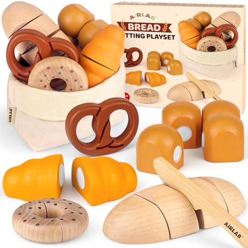 Airlab Kinderküche Spielküche Zubehör aus Holz, Küchenspielzeug Schneiden Brot Kinder, Bäckerei Spielzeug Lebensmittel Holz mit Klett-Verbindung, Holzspielzeug Küche Pädagogisches Rollenspiel Geschenk von Airlab