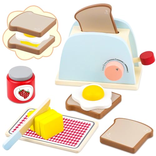 Airlab Kinderküche Zubehör Holz Toaster für Kinder, Spielküche Pop-up Toaster Set, Spielzeugtoast mit Brotscheiben Butter, Holzspielzeug Küchenspielzeug Pädagogische Rollenspiel Lernspielzeug Geschenk von Airlab