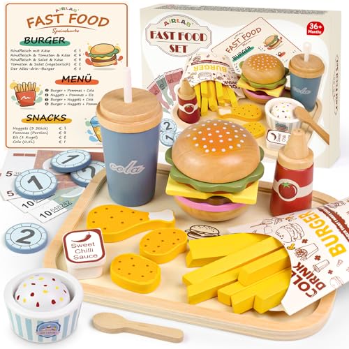Airlab Kinderküche Spielküche Zubehör aus Holz, Küchenspielzeug Hamburger Fast Food Set Holz Lebensmittel Spielzeug mit Deutscher Speisekarte, Kaufladen Zubehör, Pädagogisches Rollenspiel Geschenk Airlab Kinderküche Spielküche Zubehör aus Holz, Küchenspielzeug Hamburger Fast Food Set Holz Lebensmittel Spielzeug mit Deutscher Speisekarte, Kaufladen Zubehör, Pädagogisches Rollenspiel Geschenk von Airlab