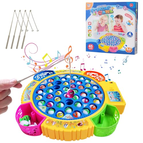 Aischens Angelspiel Fische Angeln Spiel Spielzeug mit 4 Angelruten und 45 Fischen, Spinnendes Angelspielzeug mit Musik Kinder, Angelspiel Elektrospielzeug ab 2 3 4 5 6 Jahre Junge Mädchen Geschenke von Aischens