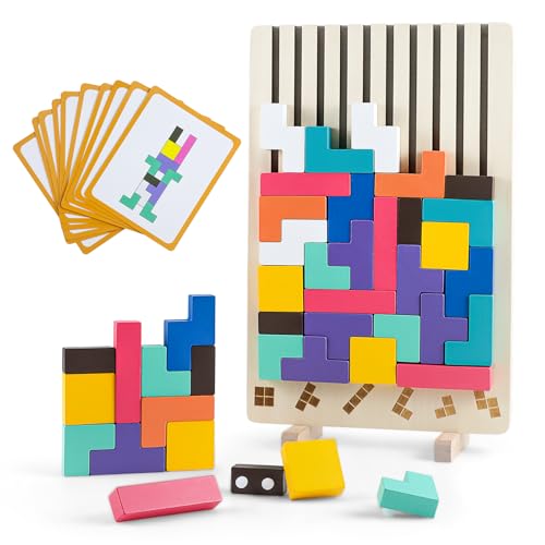 Holz Steckpuzzle Bausteine, 42 Teile 10 Karten Montessori Spielzeug Geometrische Formen Zuordnungsspiel, Pädagogisches STEM Lerngeschenk für Kinder ab 3+, Knobelspiel für Logisches Denken Ungiftiges Holz Steckpuzzle Bausteine, 42 Teile 10 Karten Montessori Spielzeug Geometrische Formen Zuordnungsspiel, Pädagogisches STEM Lerngeschenk für Kinder ab 3+, Knobelspiel für Logisches Denken Ungiftiges von Aischens