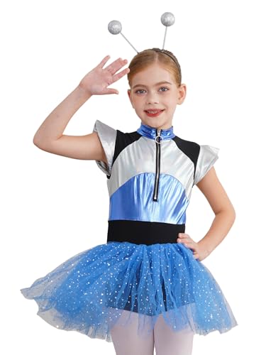 Aislor 2Pcs Kinder Mädchen Alien Kostüm Kurz Ärmel Space Girl Kleid Metallic Glänzend Kleid Bodysuit mit Tüll Rock Halloween Karneval Kostüm Blau 110-116 von Aislor