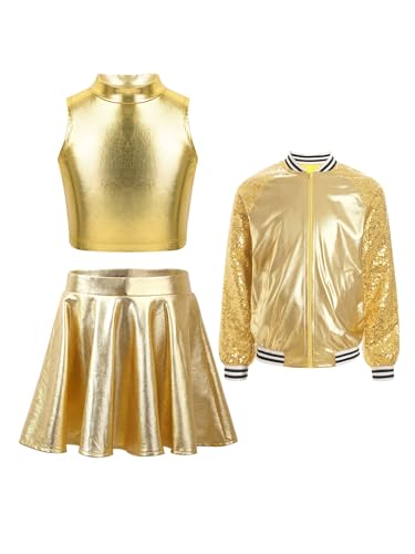 Aislor Mädchen Metallic Disco Jazz Outfits Jacke mit Ärmellos crop Top und Tanzrock Retro Tanz Kleidung Karneval Clubwear Gold 110-116 von Aislor