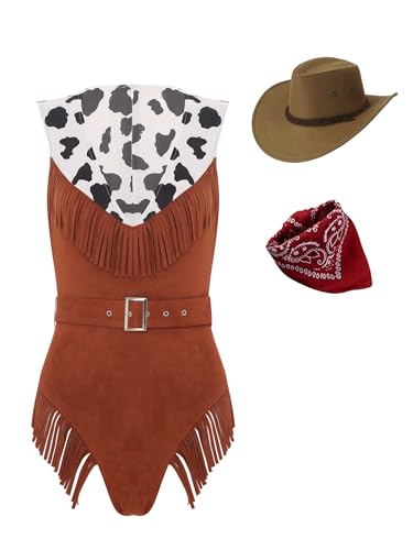 Aislor 4Pcs Cowboy Kostüm Damen Wilder Western Cowgirl Body mit Fransen Cowboyhut Halstuch Gürtel Cowboy Outfits Faschingskostüme Braun L von Aislor