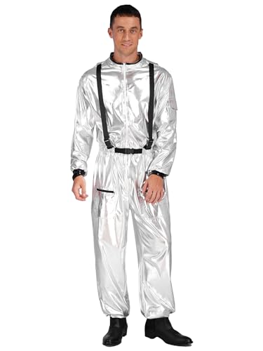 Aislor Astronaut Kostüm Damen Herren Weltall Raumfahrer Outfit Glänzend Overall Metallic Langarm Jumpsuit Space man Cosplay Kostüm Rollenspiel Verkleidung Silber M von Aislor