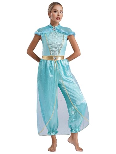 Aislor Bauchtanz Kostüm Damen Aladin Prinzessin Kostüm Pailletten Jumpsuit Glitzer Overall Schlaghose Tanzkostüm Halloween Karneval Fasching Kostüm Hellblau M von Aislor