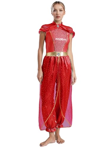 Aislor Bauchtanz Kostüm Damen Aladin Prinzessin Kostüm Pailletten Jumpsuit Glitzer Overall Schlaghose Tanzkostüm Halloween Karneval Fasching Kostüm Rot L von Aislor