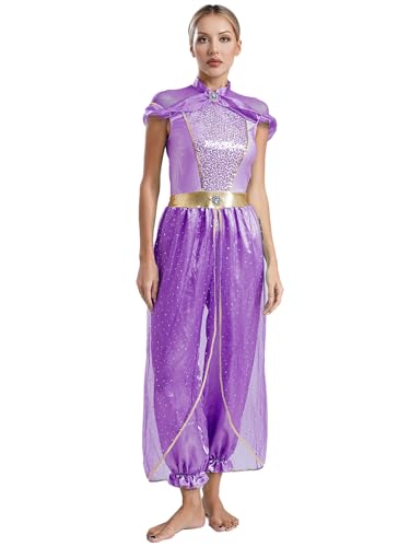 Aislor Bauchtanz Kostüm Damen Aladin Prinzessin Kostüm Pailletten Jumpsuit Glitzer Overall Schlaghose Tanzkostüm Halloween Karneval Fasching Kostüm Violett L von Aislor