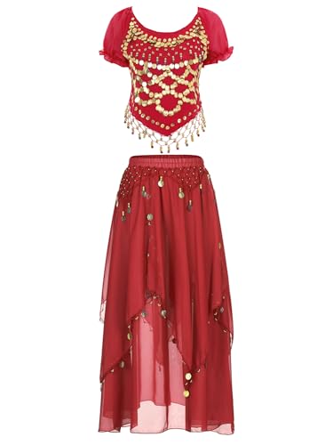 Aislor Bauchtanz Kostüm Damen Set Glitzer Crop Top Pailletten Tanz Oberteil Chiffon Rock Lang Indische Tanz Kleidung Karneval Fasching Kostüm Rot Einheitsgröße von Aislor