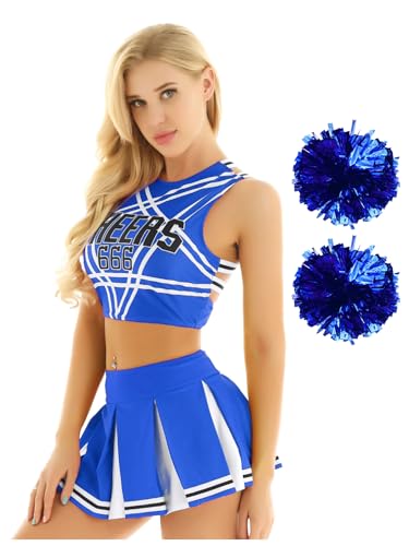 Aislor Cheer Leader Kostüm Damen Cheerleaderin High School Cosplay Uniform Bauchfrei Oberteil mit Mini Faltenrock Halloween Karneval Kostüm C Blau XXL von Aislor