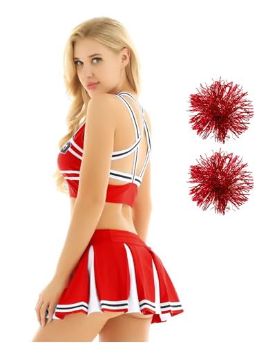 Aislor Cheer Leader Kostüm Damen Cheerleaderin High School Cosplay Uniform Bauchfrei Oberteil mit Mini Faltenrock Halloween Karneval Kostüm D Rot L von Aislor