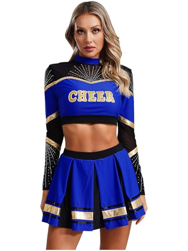 Aislor Cheer Leader Kostüm Damen Cheerleading Uniform Bauchfrei Oberteil Langarm Crop Top mit Mini Faltenrock Karneval Fasching Kostüm Blau L von Aislor