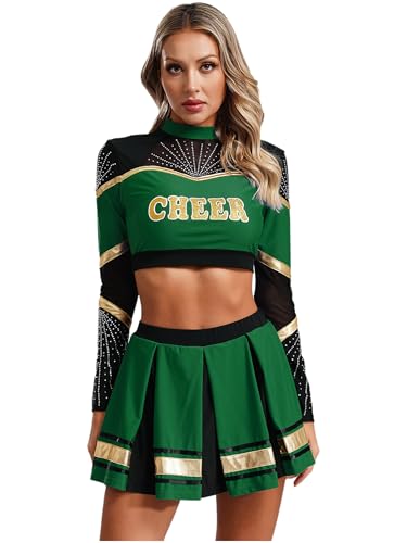 Aislor Cheer Leader Kostüm Damen Cheerleading Uniform Bauchfrei Oberteil Langarm Crop Top mit Mini Faltenrock Karneval Fasching Kostüm Grün L von Aislor