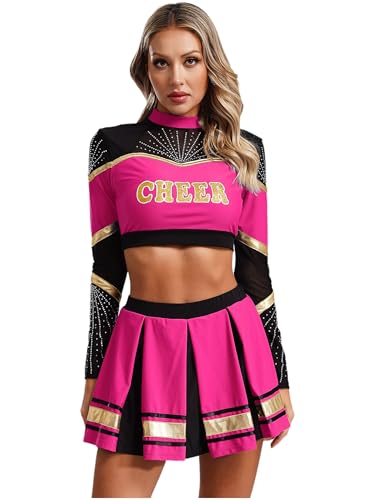 Aislor Cheer Leader Kostüm Damen Cheerleading Uniform Bauchfrei Oberteil Langarm Crop Top mit Mini Faltenrock Karneval Fasching Kostüm Hot Pink L von Aislor