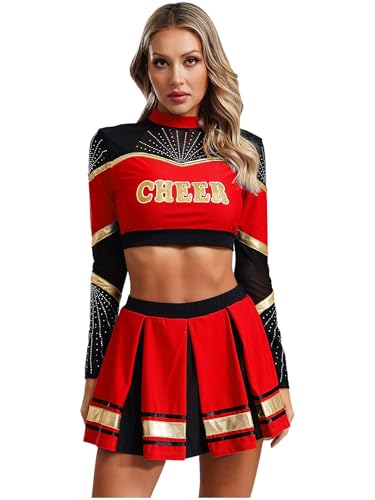 Aislor Cheer Leader Kostüm Damen Cheerleading Uniform Bauchfrei Oberteil Langarm Crop Top mit Mini Faltenrock Karneval Fasching Kostüm Rot L von Aislor