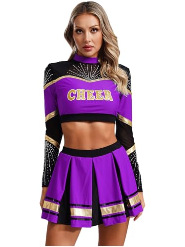 Aislor Cheer Leader Kostüm Damen Cheerleading Uniform Bauchfrei Oberteil Langarm Crop Top mit Mini Faltenrock Karneval Fasching Kostüm Violett L von Aislor