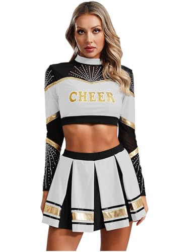 Aislor Cheer Leader Kostüm Damen Cheerleading Uniform Bauchfrei Oberteil Langarm Crop Top mit Mini Faltenrock Karneval Fasching Kostüm Weiß L von Aislor