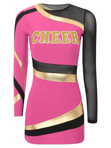 Aislor Cheer Leader Kostüm Damen Langarm Tanzkleid Cheerleading Outfits Schulmädchen Kleid Bodycon Kleid Cheerleading Kostüm Halloween Karneval Party Hot Pink L von Aislor