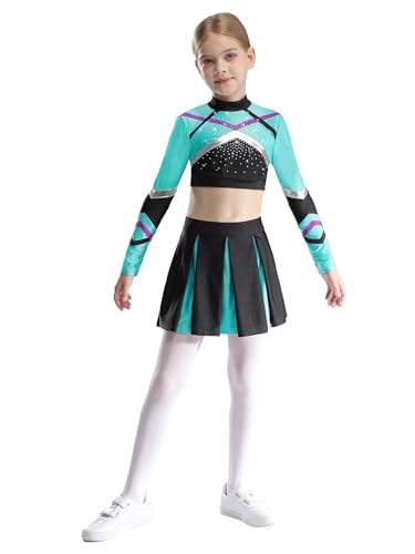 Aislor Cheer Leader Kostüm Für Mädchen Cheerleading Uniform Langarm Bauchfrei Oberteil Mit Faltenrock Fasching Mottopartys Blau Grün 110-116 von Aislor