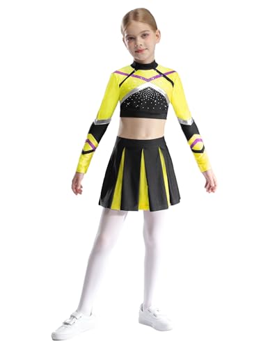 Aislor Cheer Leader Kostüm Für Mädchen Cheerleading Uniform Langarm Bauchfrei Oberteil Mit Faltenrock Fasching Mottopartys Fluoreszierendes Gelb 110-116 von Aislor