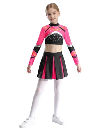 Aislor Cheer Leader Kostüm Für Mädchen Cheerleading Uniform Langarm Bauchfrei Oberteil Mit Faltenrock Fasching Mottopartys Hot Pink 110-116 von Aislor