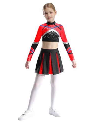 Aislor Cheer Leader Kostüm Für Mädchen Cheerleading Uniform Langarm Bauchfrei Oberteil Mit Faltenrock Fasching Mottopartys Rot 110-116 von Aislor