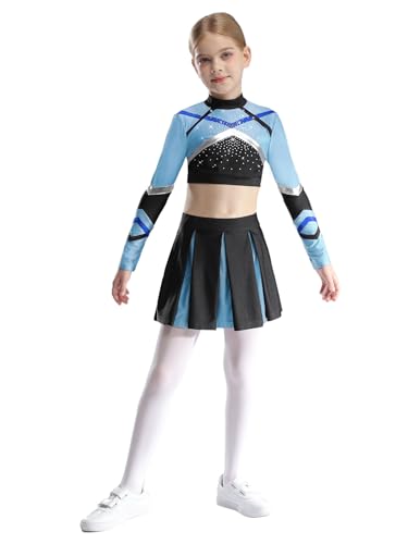 Aislor Cheer Leader Kostüm Für Mädchen Cheerleading Uniform Langarm Bauchfrei Oberteil Mit Faltenrock Fasching Mottopartys Staubiges Blau 110-116 von Aislor