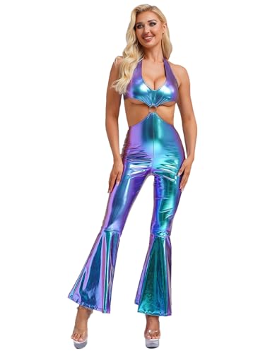 Aislor Damen 70er Jahre Disco Kostüm Overall Metallic Jumpsuit Bodysuit Schlaghose Hippie Kleidung Rave Outfit Karneval Fasching Party Blau XL von Aislor