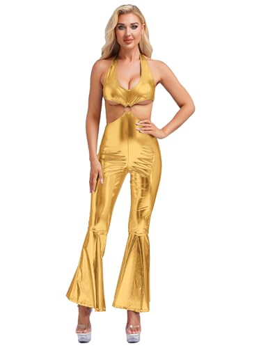 Aislor Damen 70er Jahre Disco Kostüm Overall Metallic Jumpsuit Bodysuit Schlaghose Hippie Kleidung Rave Outfit Karneval Fasching Party Gold L von Aislor