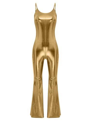 Aislor Damen 70er Jahre Kostüm Disco Overall Metallic Ärmellos Jumpsuit Bodysuit Schlaghose Hippie Kleidung Rave Outfit Clubwear Mottoparty Gold XXL von Aislor