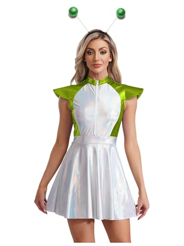 Aislor Damen Alien Kostüm Metallic Space Girl Kleid Minikleid A-Linie Kleid Raumfahrer Kostüm Weltraum Kostüm Karneval Fasching Kostüm Grün 4XL von Aislor