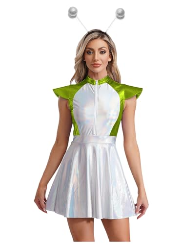 Aislor Damen Alien Kostüm Metallic Space Girl Kleid Minikleid A-Linie Kleid Raumfahrer Kostüm Weltraum Kostüm Karneval Fasching Kostüm Silbergrün 4XL von Aislor