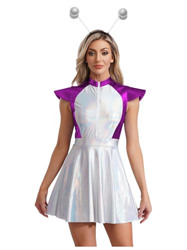 Aislor Damen Alien Kostüm Metallic Space Girl Kleid Minikleid A-Linie Kleid Raumfahrer Kostüm Weltraum Kostüm Karneval Fasching Kostüm Violett L von Aislor