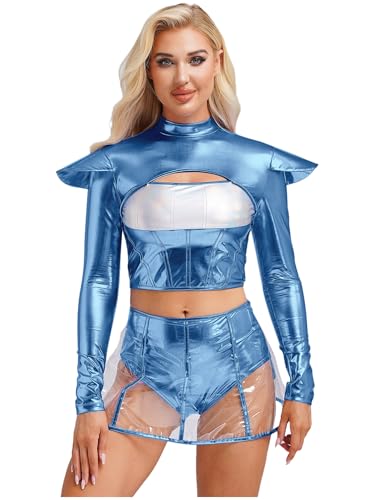 Aislor Damen Alien Kostüm Space Girl Kleid Mini Rock Mit Integrierter Unterwäsche Metallic Crop Tops Langarm Rückenfrei Cosplay Set Mottopartys Blau S von Aislor