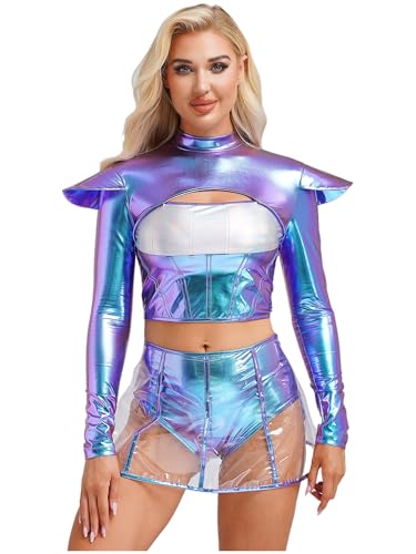 Aislor Damen Alien Kostüm Space Girl Kleid Mini Rock Mit Integrierter Unterwäsche Metallic Crop Tops Langarm Rückenfrei Cosplay Set Mottopartys Bunt L von Aislor