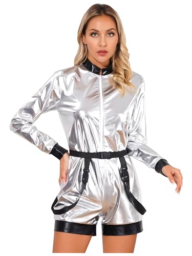 Aislor Damen Astronaut Kostüm Weltall Raumfahrer Outfit Metallic Bodysuit Glänzend Overall Langarm Jumpsuit Kurz Space man Kostüm Karneval Fasching Kostüm Silber XL von Aislor