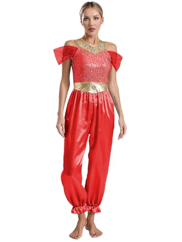 Aislor Damen Bauchtanz Kostüm Aladin Prinzessin Kostüm Bauchtanz Kleid Pailletten Jumpsuit Schlaghose Karneval Fasching Cosplay Rot XXL von Aislor