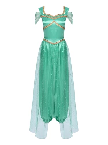 Aislor Damen Bauchtanz Kostüm Aladin Prinzessin Kostüm Einteilig Jumpsuit Tanzoverll mit Tüll Halloween Karneval Fasching Kostüm TanzKostüm Türkis S von Aislor