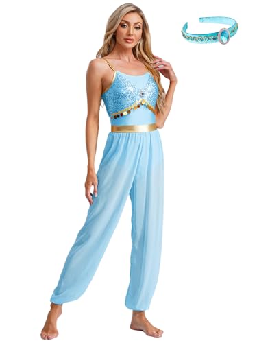 Aislor Damen Bauchtanz Kostüm Araber Prinzessin Jumpsuit mit Haarreif Armellos Tanzkleidung Fasching Karneval Fasching Mottoparty Cosplay Blau 3XL von Aislor