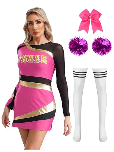 Aislor Damen Cheer Leader Kostüm Langarm Tanzkleid Bodycon Kleid + Pompons + Socken + Haarband Cheerleading Outfits Halloween Karneval Fasching Kostüm Hot Pink M von Aislor