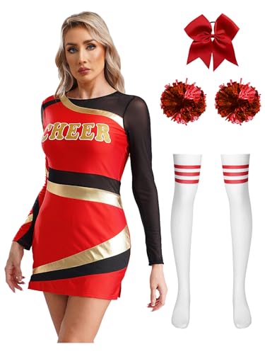 Aislor Damen Cheer Leader Kostüm Langarm Tanzkleid Bodycon Kleid + Pompons + Socken + Haarband Cheerleading Outfits Halloween Karneval Fasching Kostüm Rot XXL von Aislor