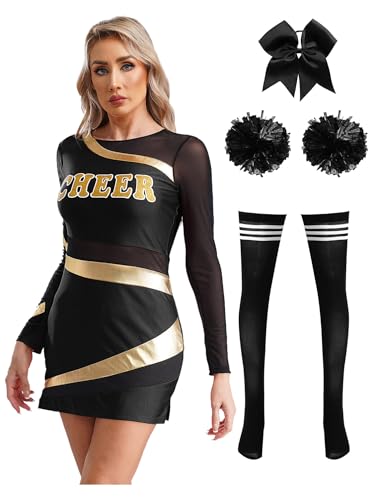 Aislor Damen Cheer Leader Kostüm Langarm Tanzkleid Bodycon Kleid + Pompons + Socken + Haarband Cheerleading Outfits Halloween Karneval Fasching Kostüm Schwarz S von Aislor