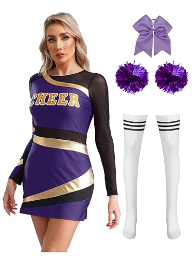 Aislor Damen Cheer Leader Kostüm Langarm Tanzkleid Bodycon Kleid + Pompons + Socken + Haarband Cheerleading Outfits Halloween Karneval Fasching Kostüm Violett M von Aislor