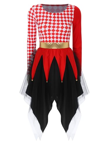 Aislor Damen Clown Kostüm Kleid Schachbrettmuster Langarm Tanzkleid Asymmetrischer Tüllrock mit Glocken Kariertes Kleid Halloween Kostüm Rot 3XL von Aislor