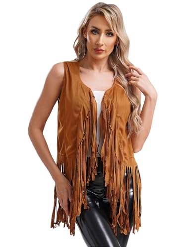 Aislor Damen Cowboy Weste Hippie Weste ärmellose Jacke Fransen Wildleder Western Weste Hemd Retro Cowboy Kleidung Braun 4XL von Aislor