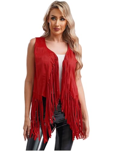 Aislor Damen Cowboy Weste Hippie Weste ärmellose Jacke Fransen Wildleder Western Weste Hemd Retro Cowboy Kleidung Rot 3XL von Aislor